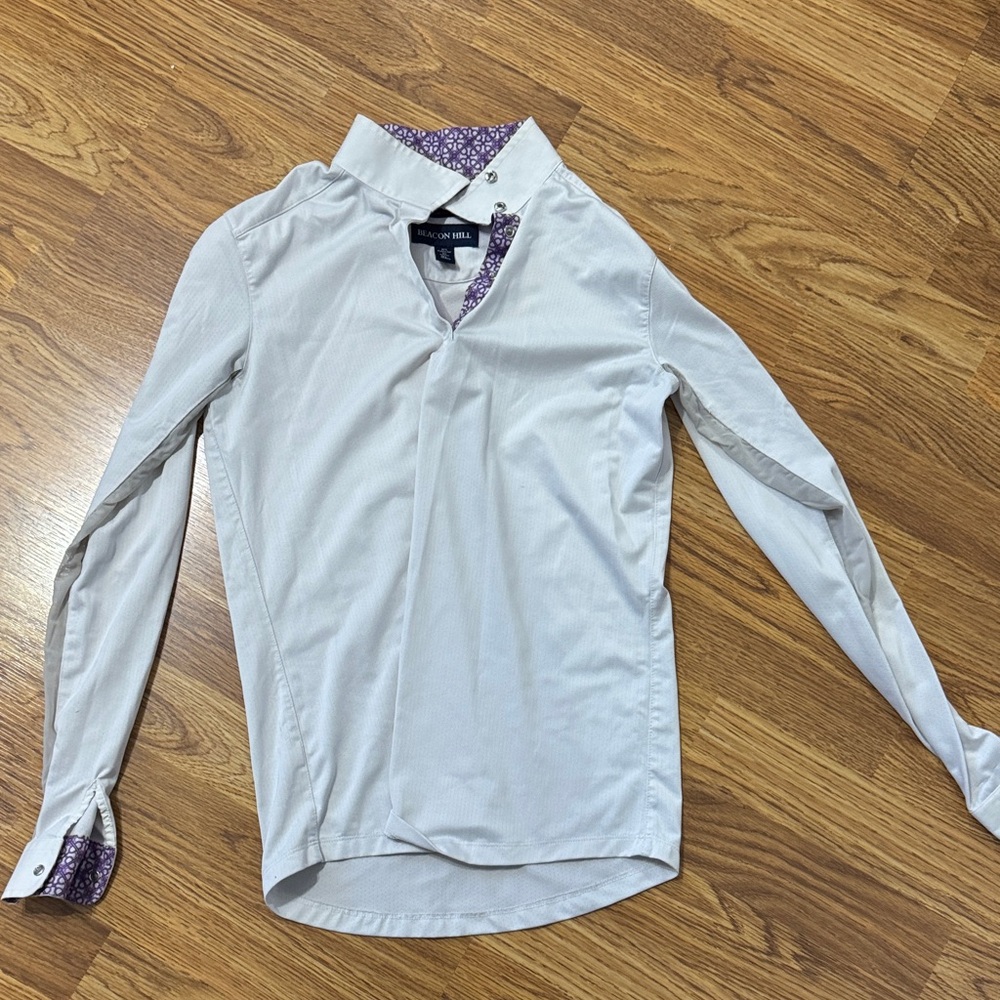 Beacon Hill Equestrian Show Shirt With Purple Flower Collar/Cuffs